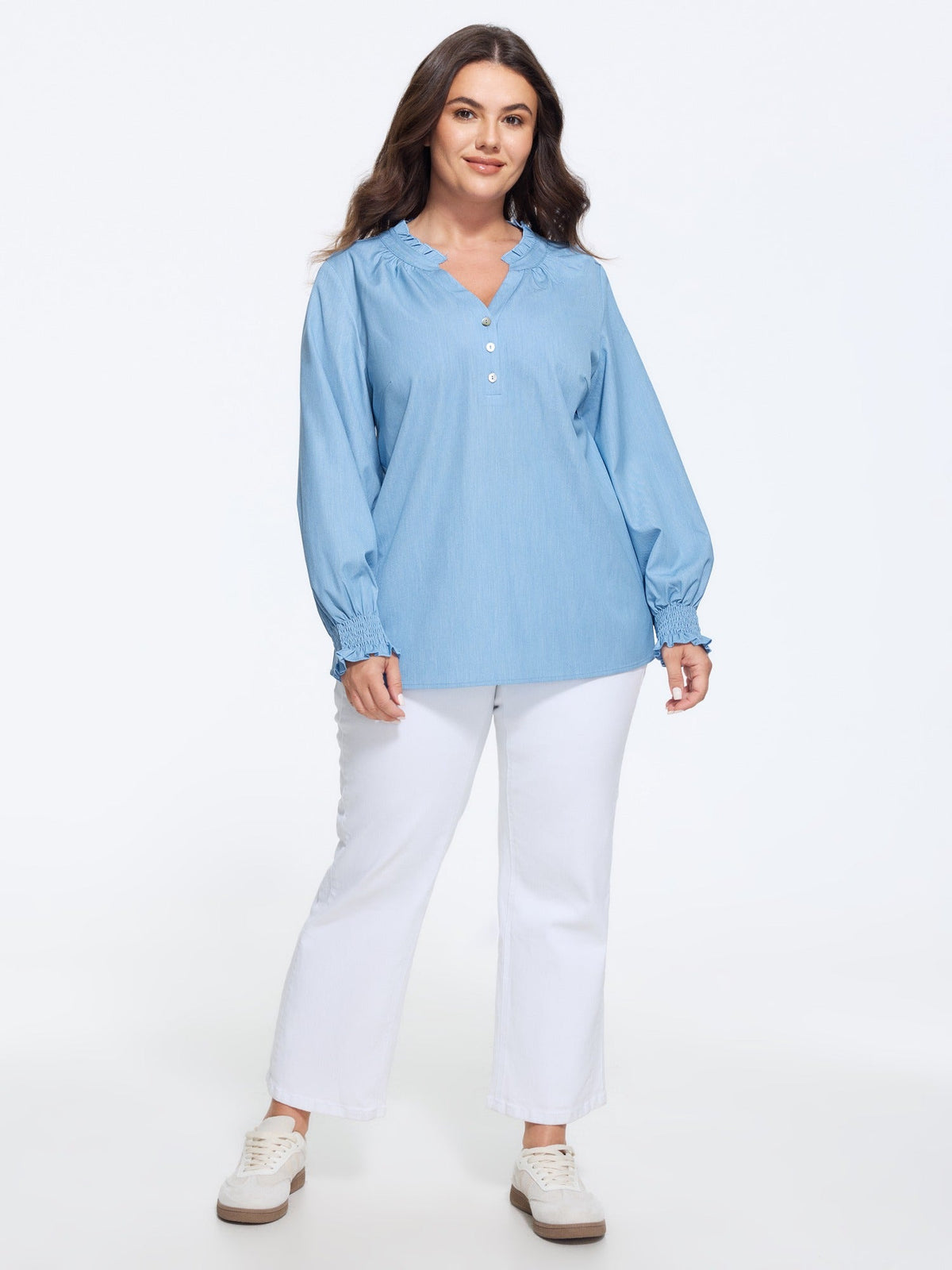 Notched Collar Half Button Shirred Cuff Blouse