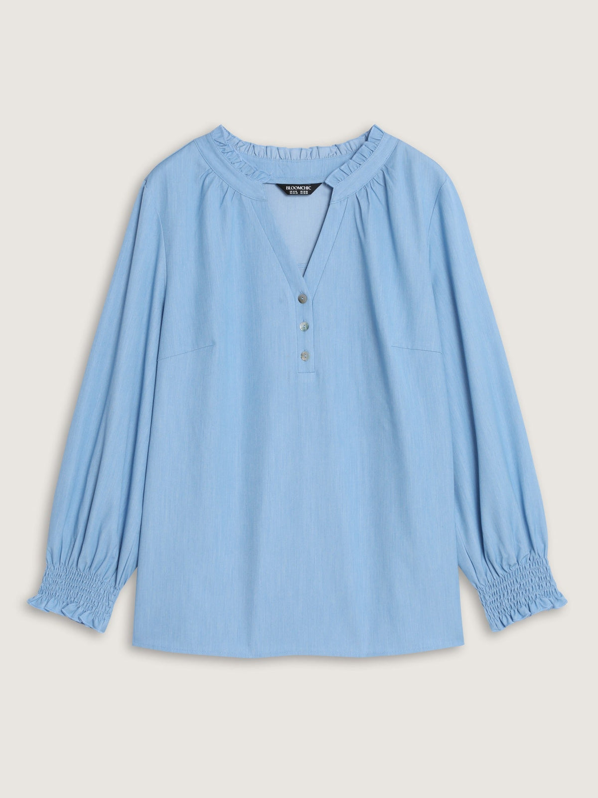 Notched Collar Half Button Shirred Cuff Blouse