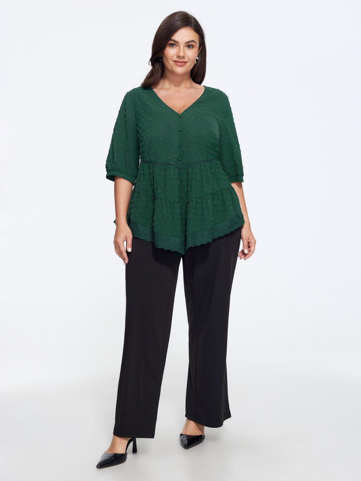 Textured Lace Trim Hem Tiered Blouse