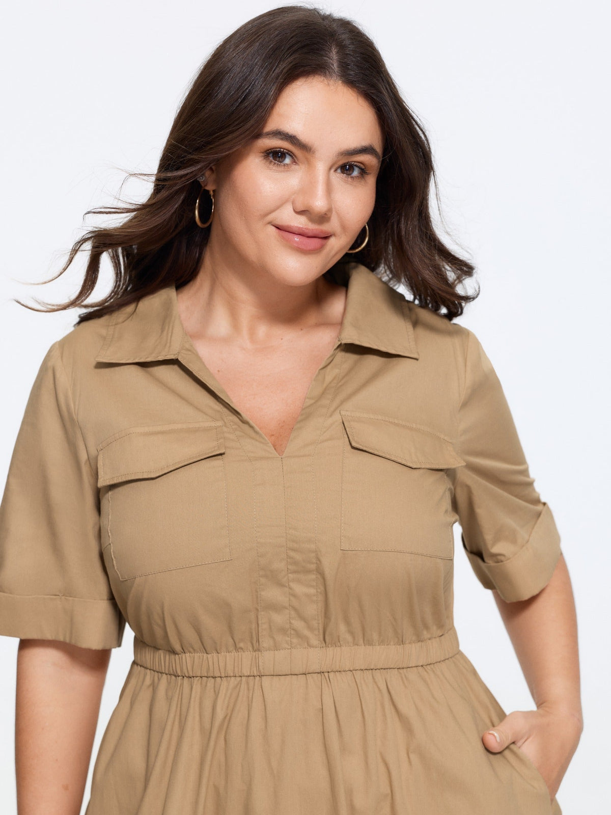 Cotton Cuffed Short Sleeve Midi Dress