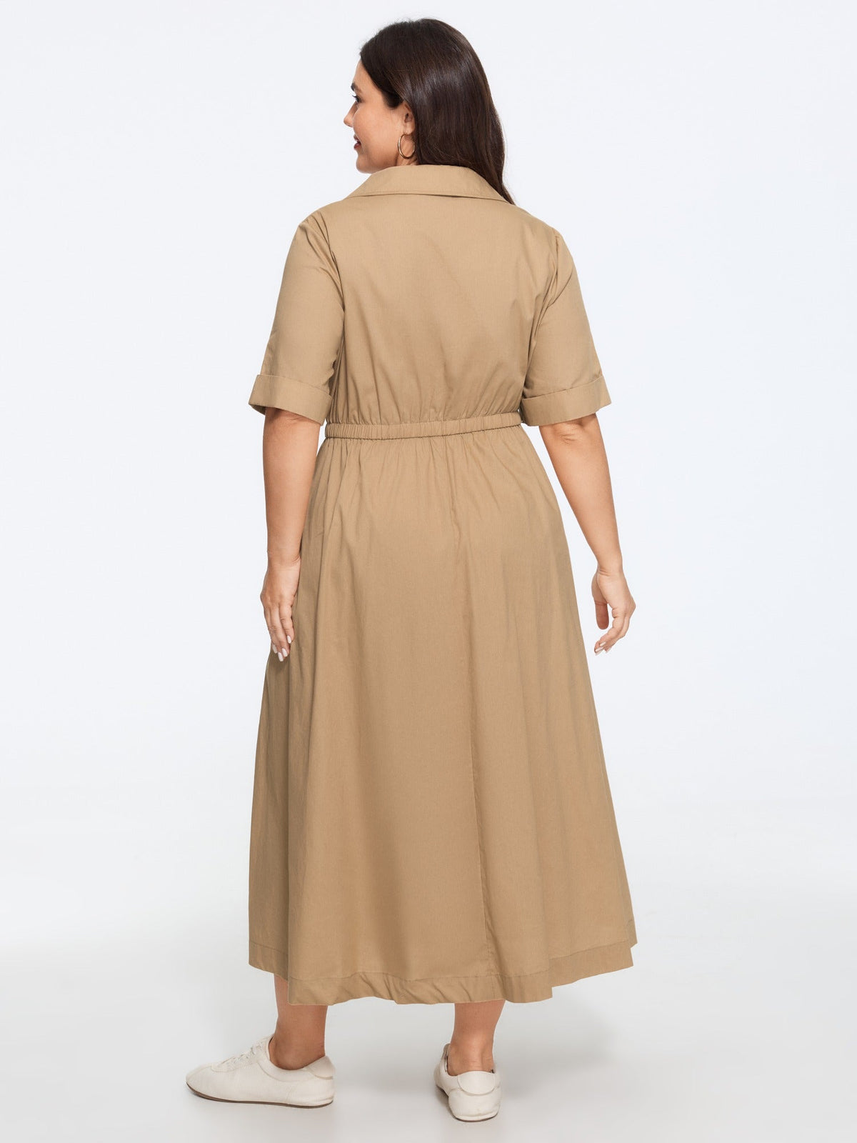 Cotton Cuffed Short Sleeve Midi Dress