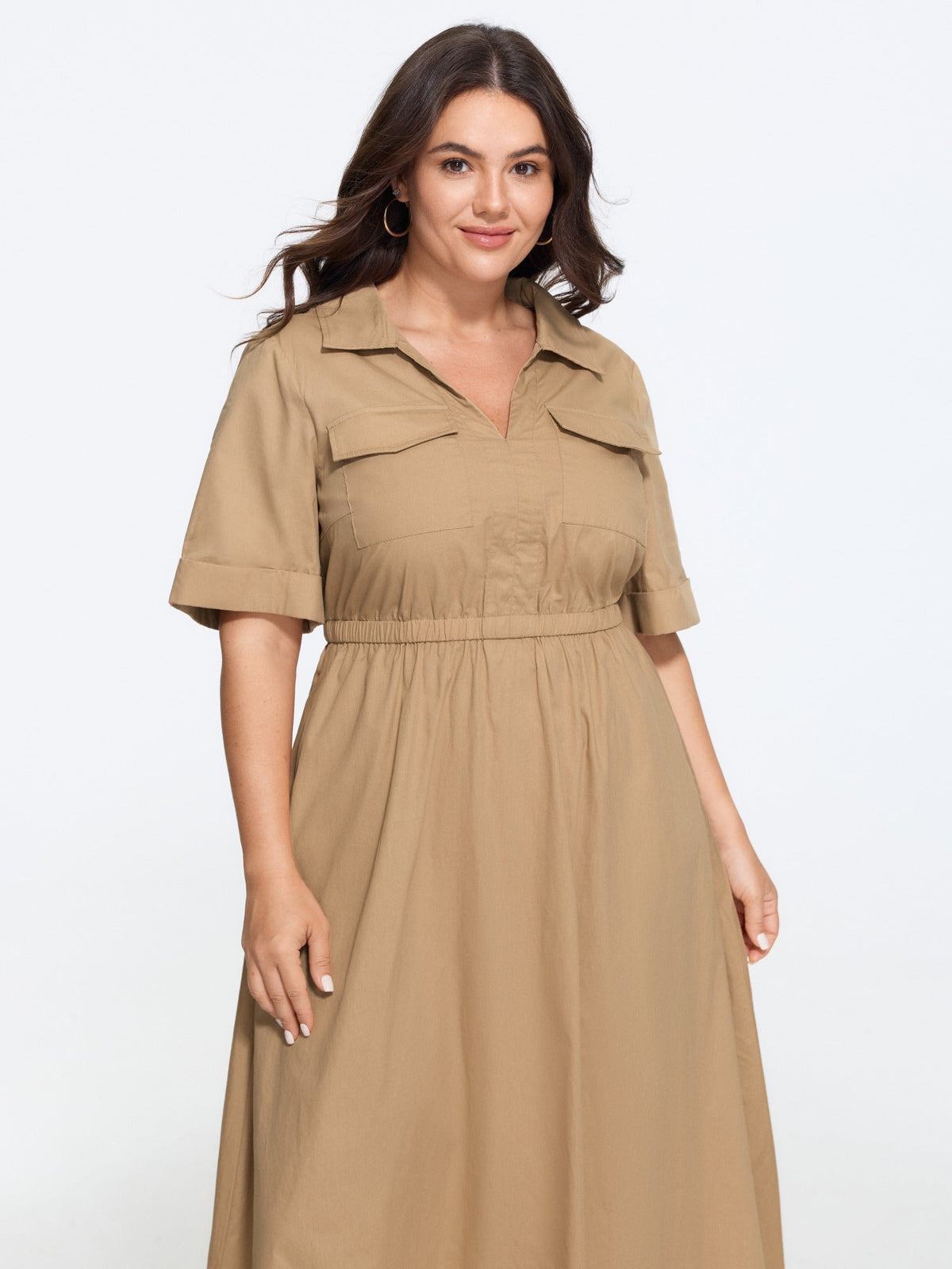 Cotton Cuffed Short Sleeve Midi Dress