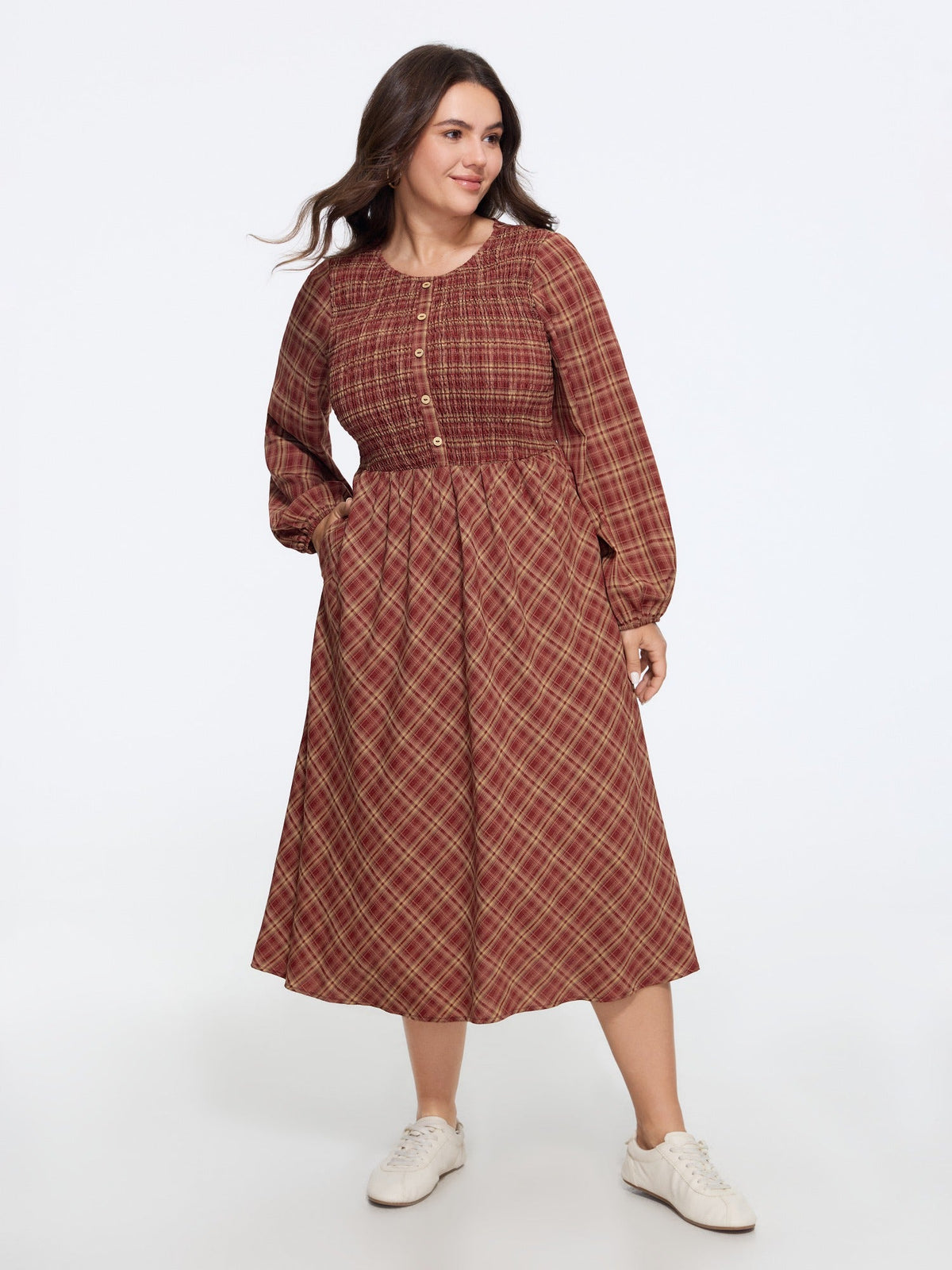 Plaid Round Neck Shirred Long Sleeve Midi Dress