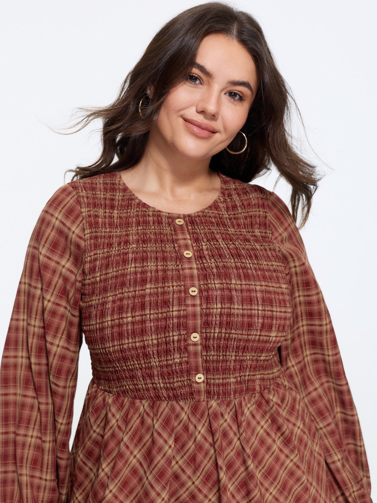 Plaid Round Neck Shirred Long Sleeve Midi Dress