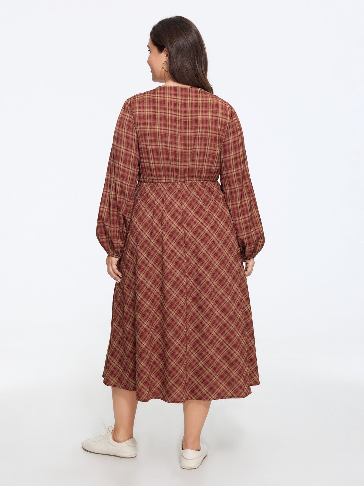 Plaid Round Neck Shirred Long Sleeve Midi Dress