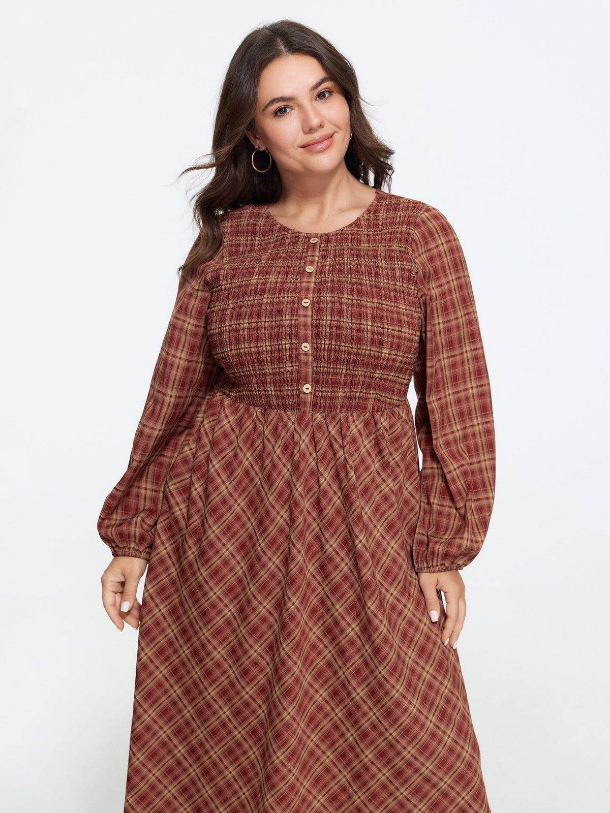 Plaid Round Neck Shirred Long Sleeve Midi Dress