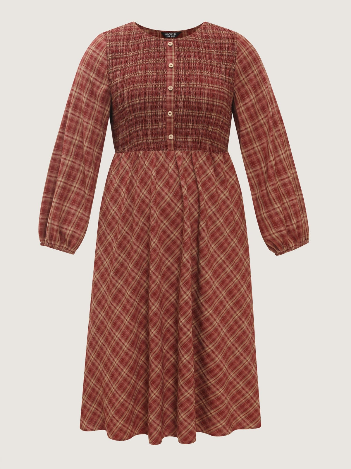Plaid Round Neck Shirred Long Sleeve Midi Dress