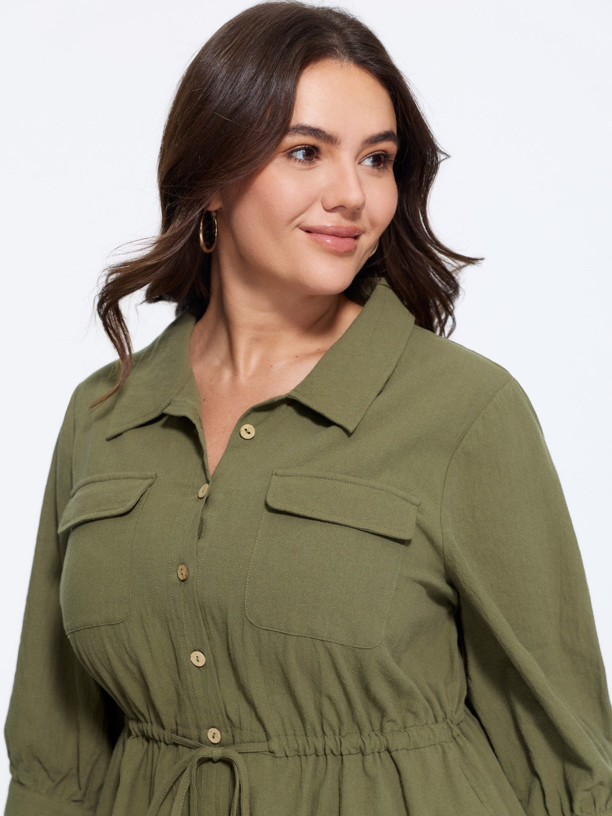 Cotton Lapel Collar Button Front Drawstring Waist Mini Dress