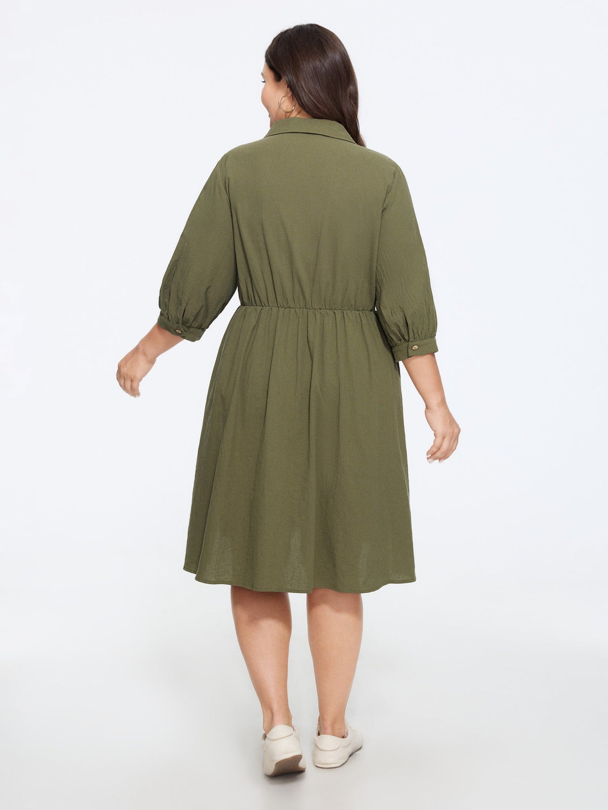 Cotton Lapel Collar Button Front Drawstring Waist Mini Dress