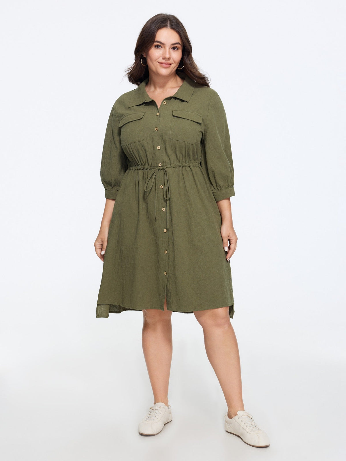 Cotton Lapel Collar Button Front Drawstring Waist Mini Dress
