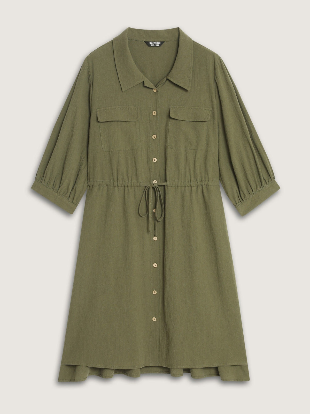 Cotton Lapel Collar Button Front Drawstring Waist Mini Dress