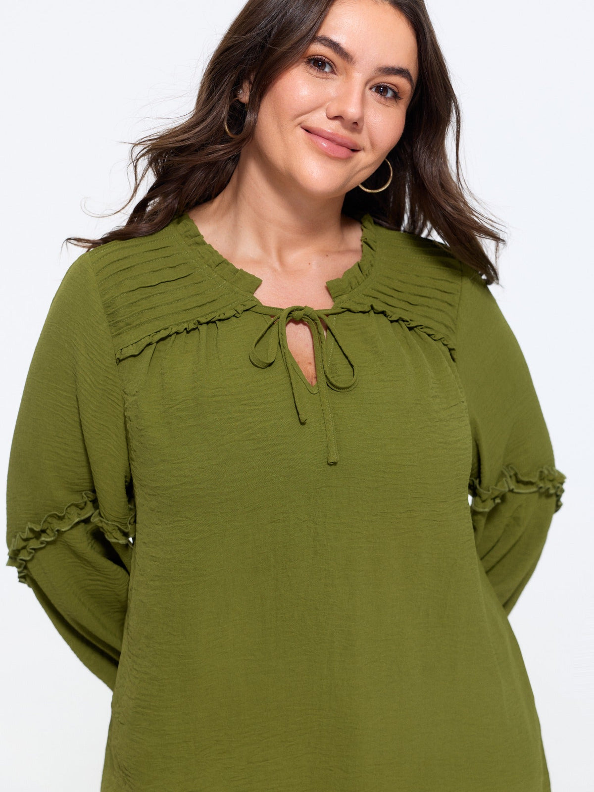 Textured Ruffled Trim Pleated Shoulder Blouse