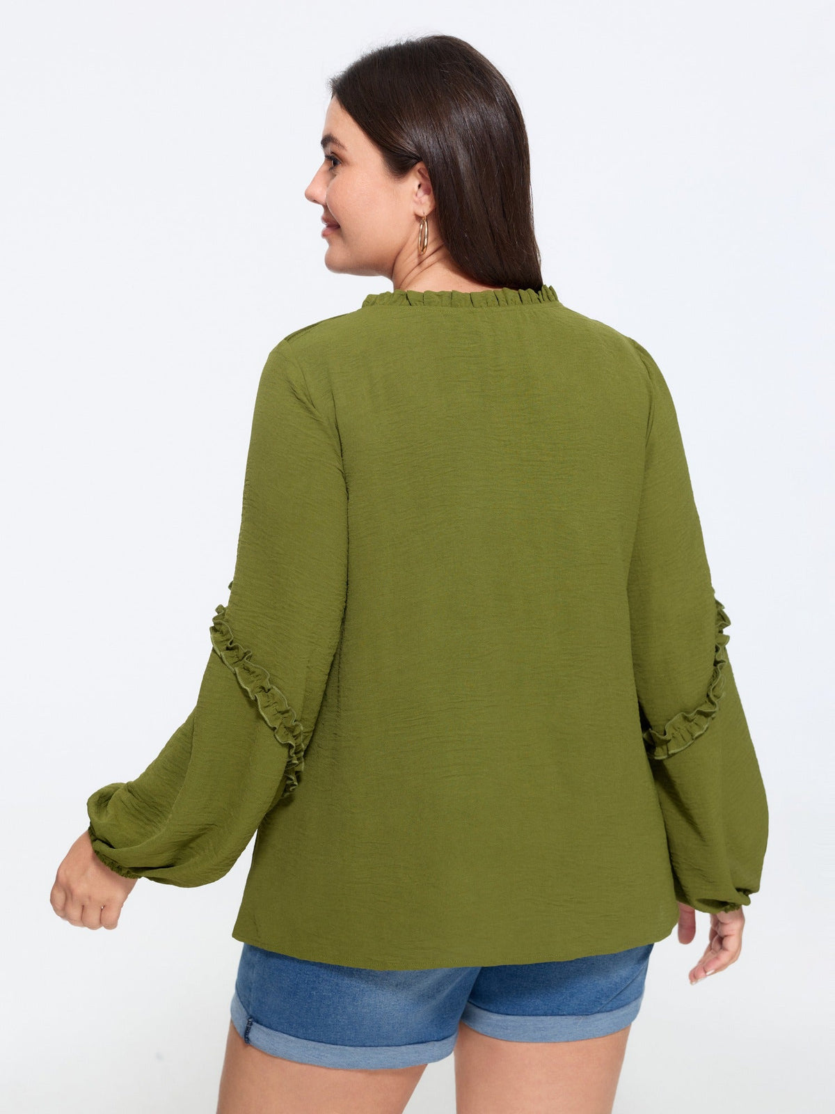 Textured Ruffled Trim Pleated Shoulder Blouse