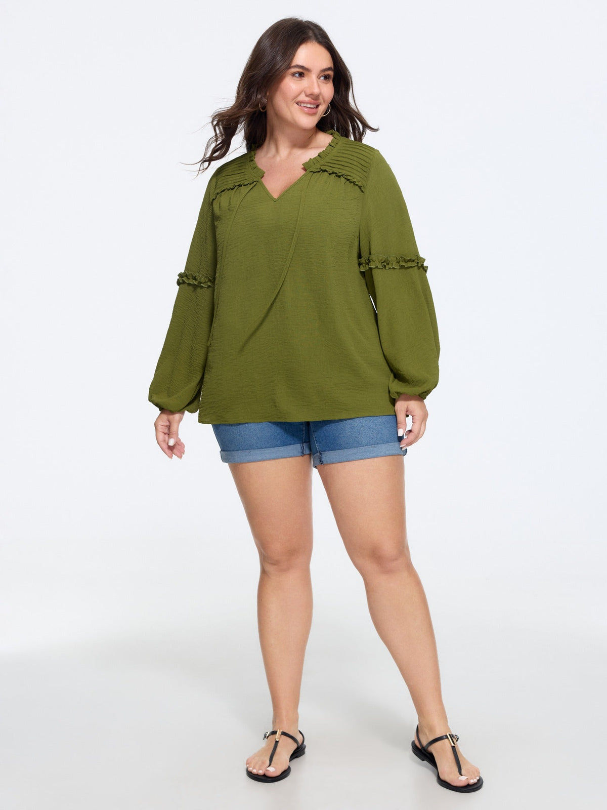 Textured Ruffled Trim Pleated Shoulder Blouse