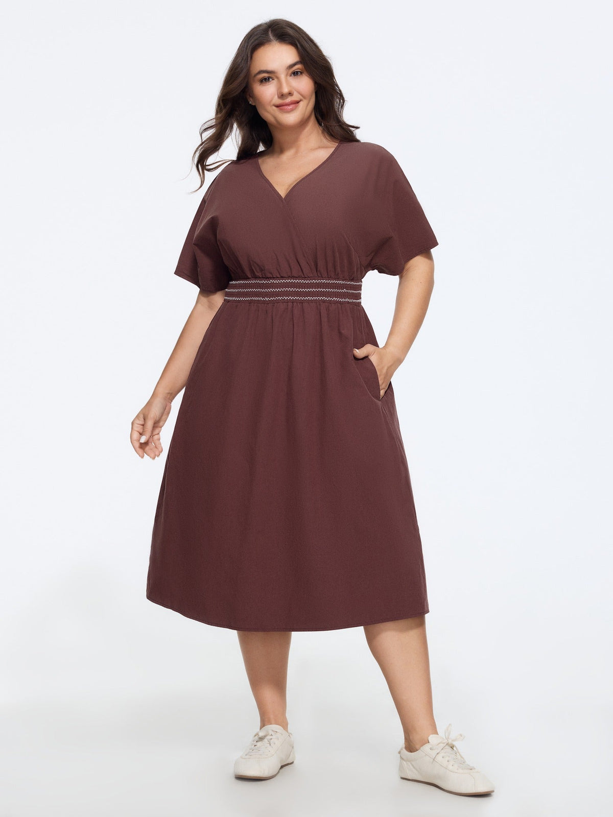 Solid V Neck Dolman Sleeve Shirred Waist Midi Dress