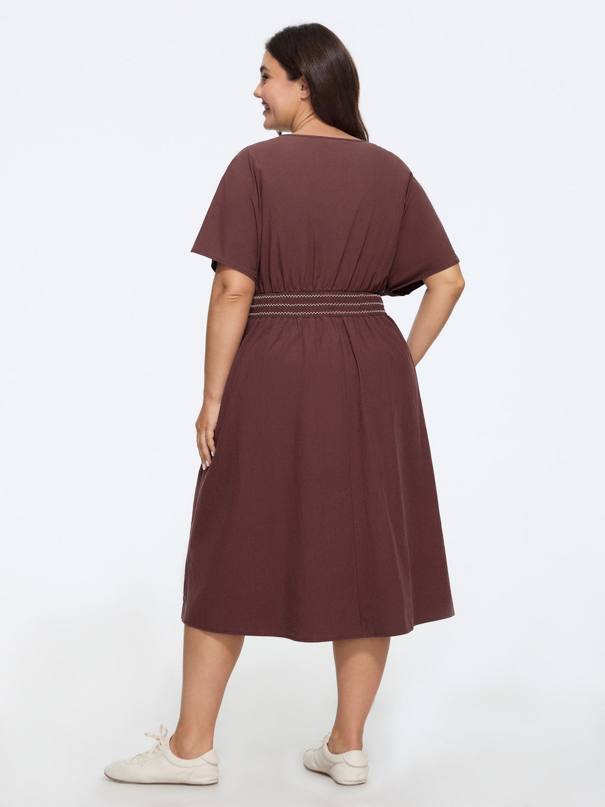Solid V Neck Dolman Sleeve Shirred Waist Midi Dress