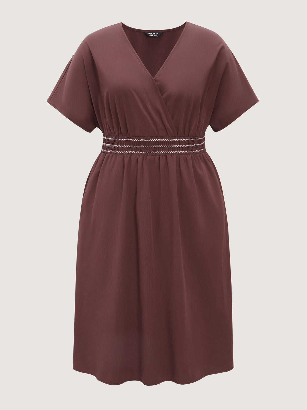 Solid V Neck Dolman Sleeve Shirred Waist Midi Dress