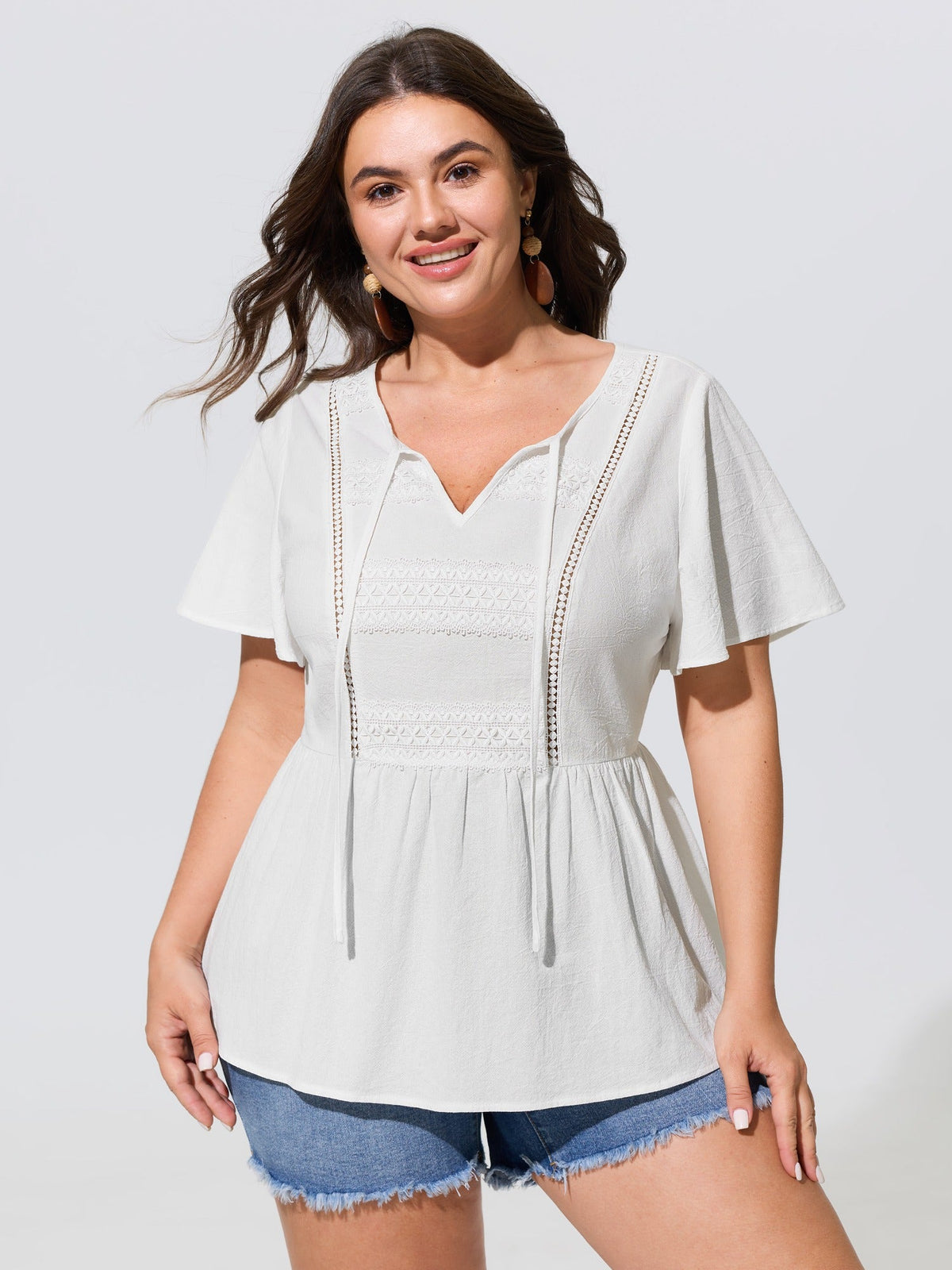 Cotton V Neck Flutter Sleeve Peplum Blouse