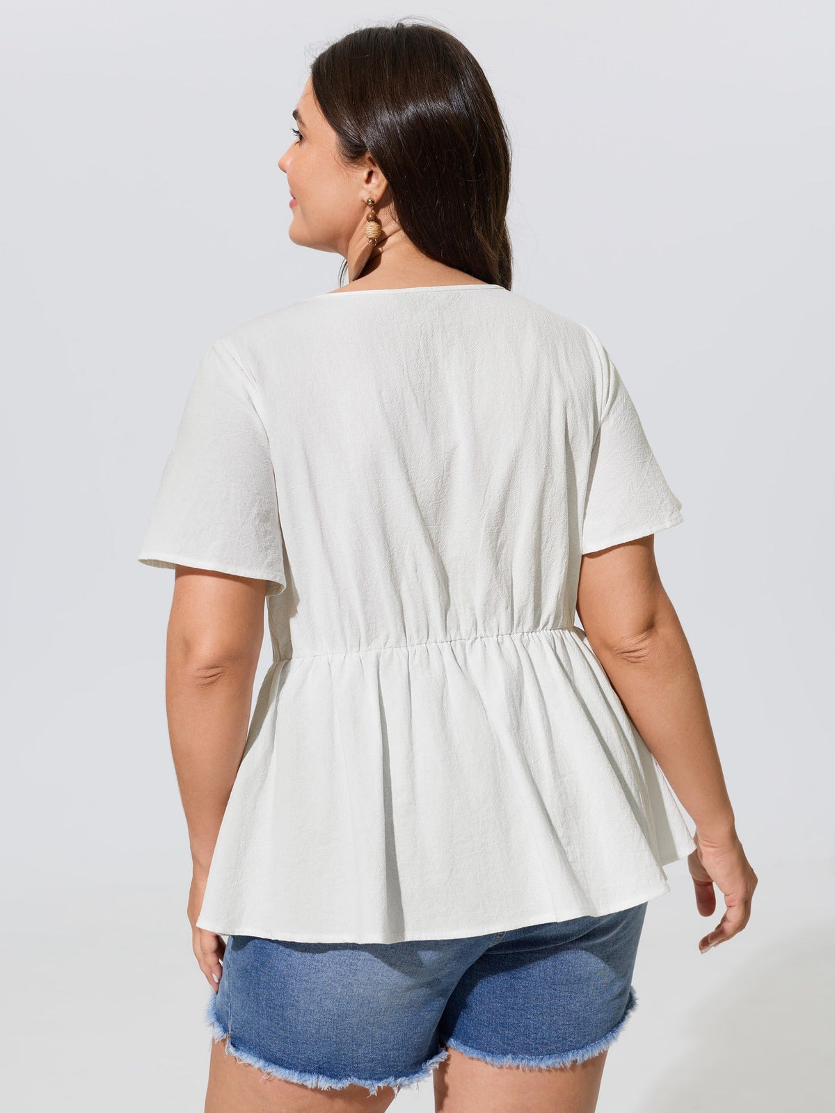 Cotton V Neck Flutter Sleeve Peplum Blouse