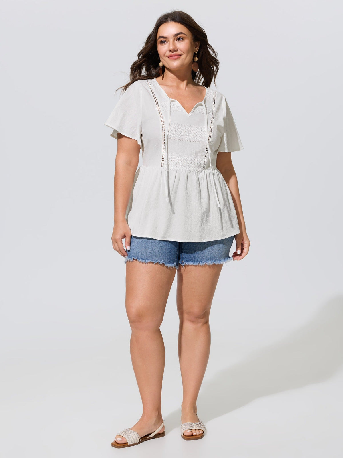 Cotton V Neck Flutter Sleeve Peplum Blouse
