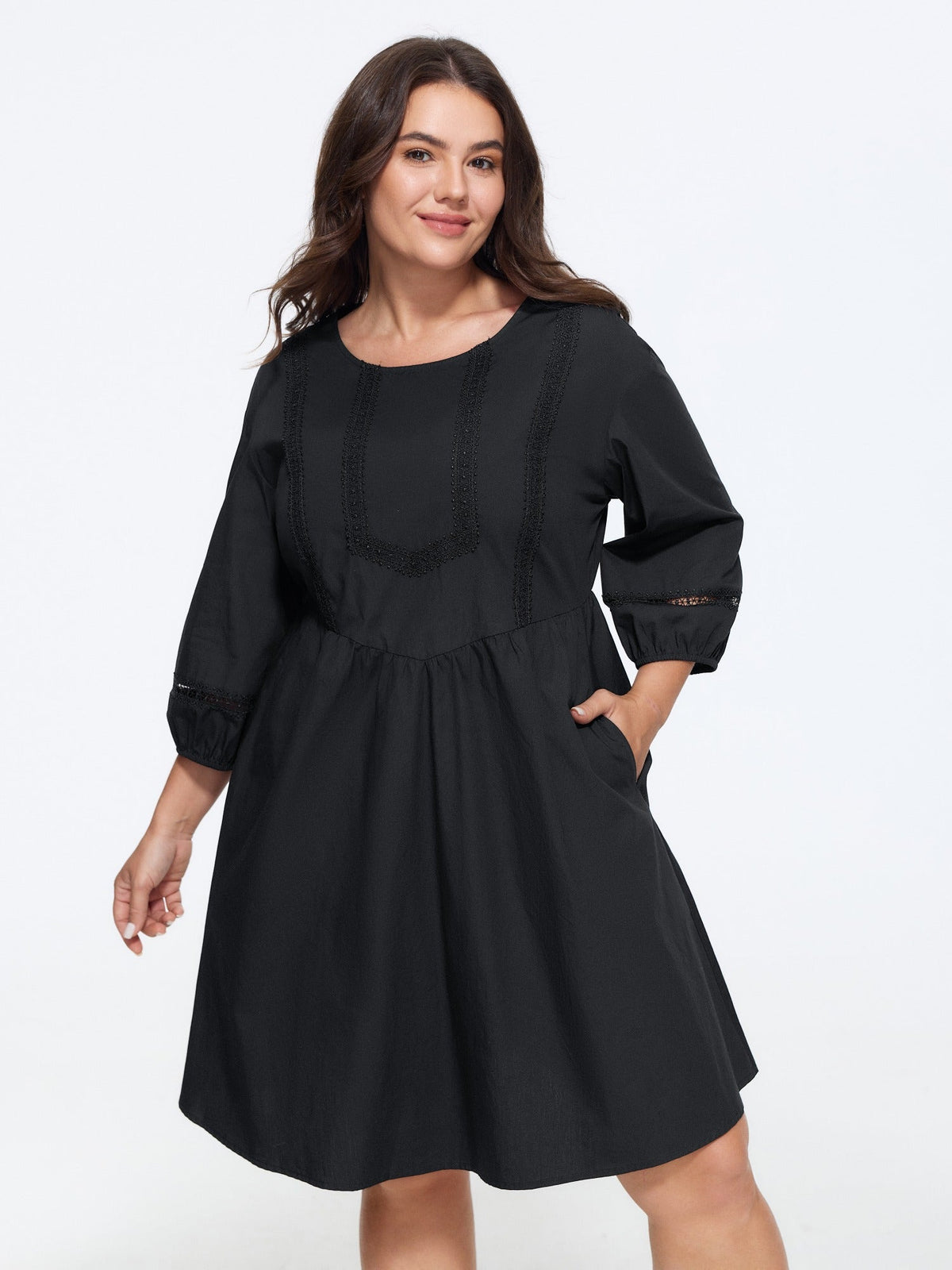 Cotton Lace 3/4 Sleeve Babydoll Mini Dress