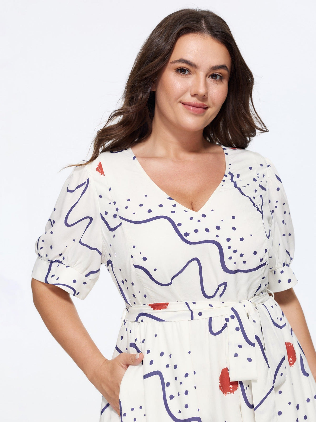 Abstract Print V Neck Belted Midi Dress