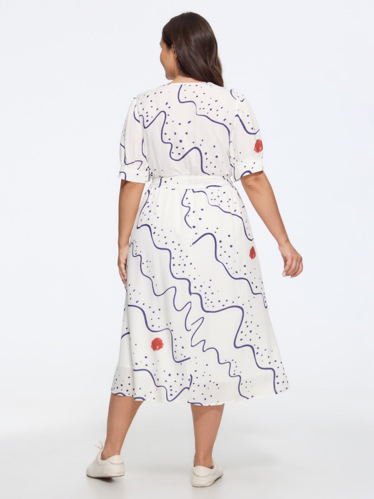 Abstract Print V Neck Belted Midi Dress