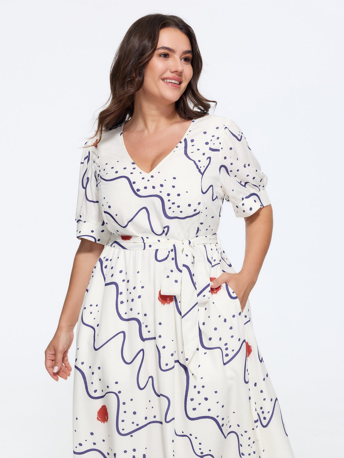 Abstract Print V Neck Belted Midi Dress