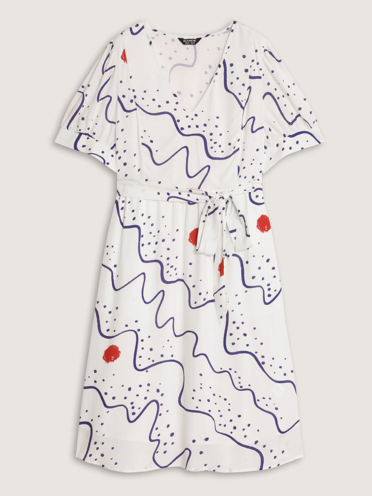 Abstract Print V Neck Belted Midi Dress