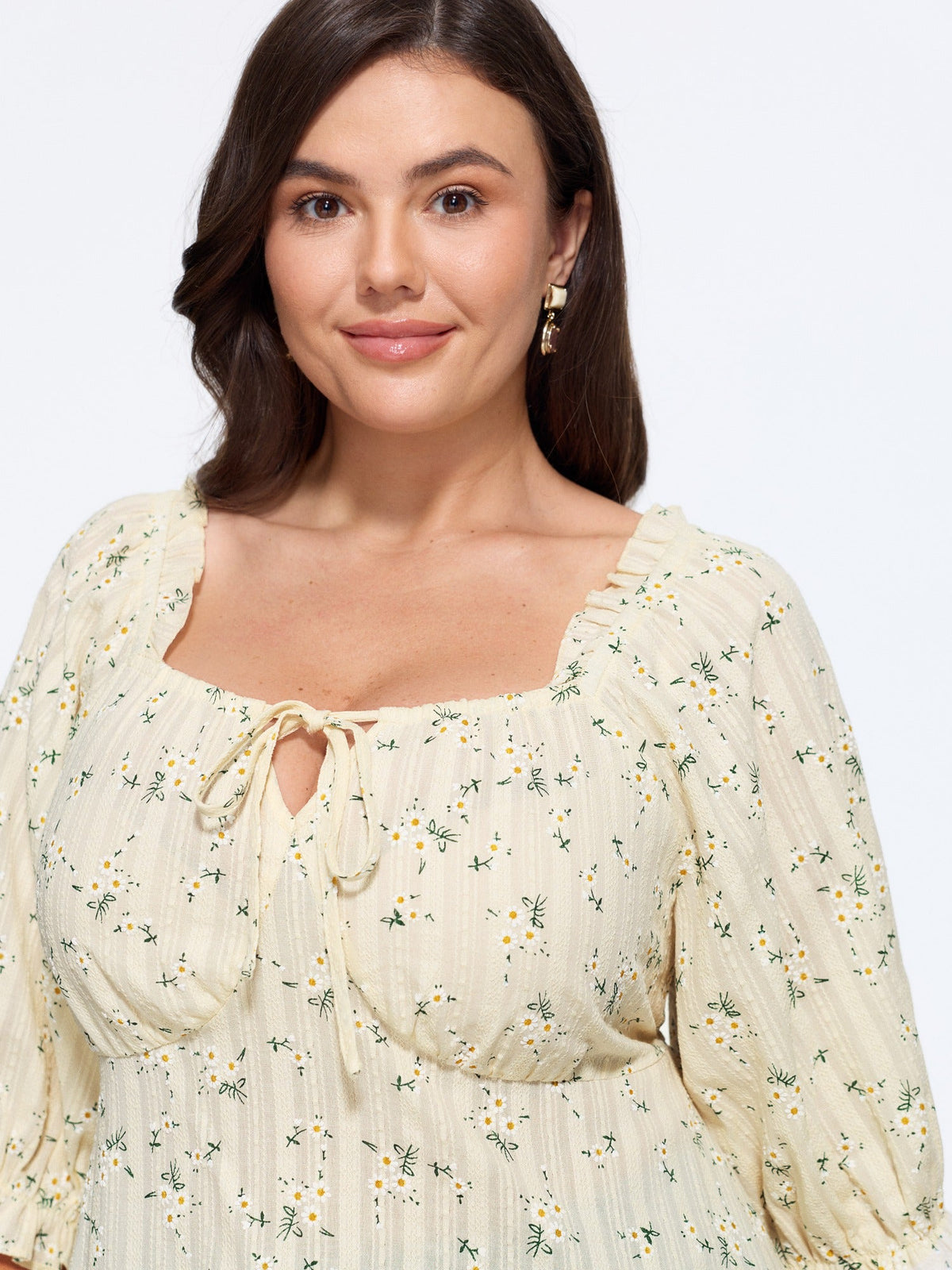 Cotton Ditsy Floral Print Square Neck Tie Front Blouse