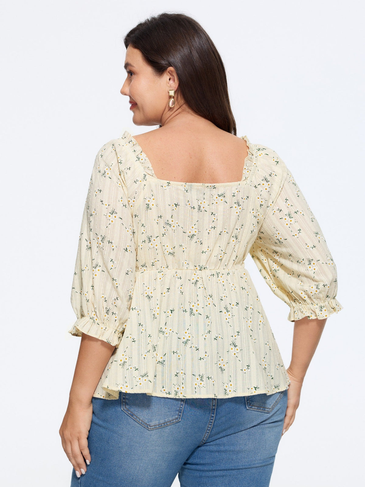 Cotton Ditsy Floral Print Square Neck Tie Front Blouse