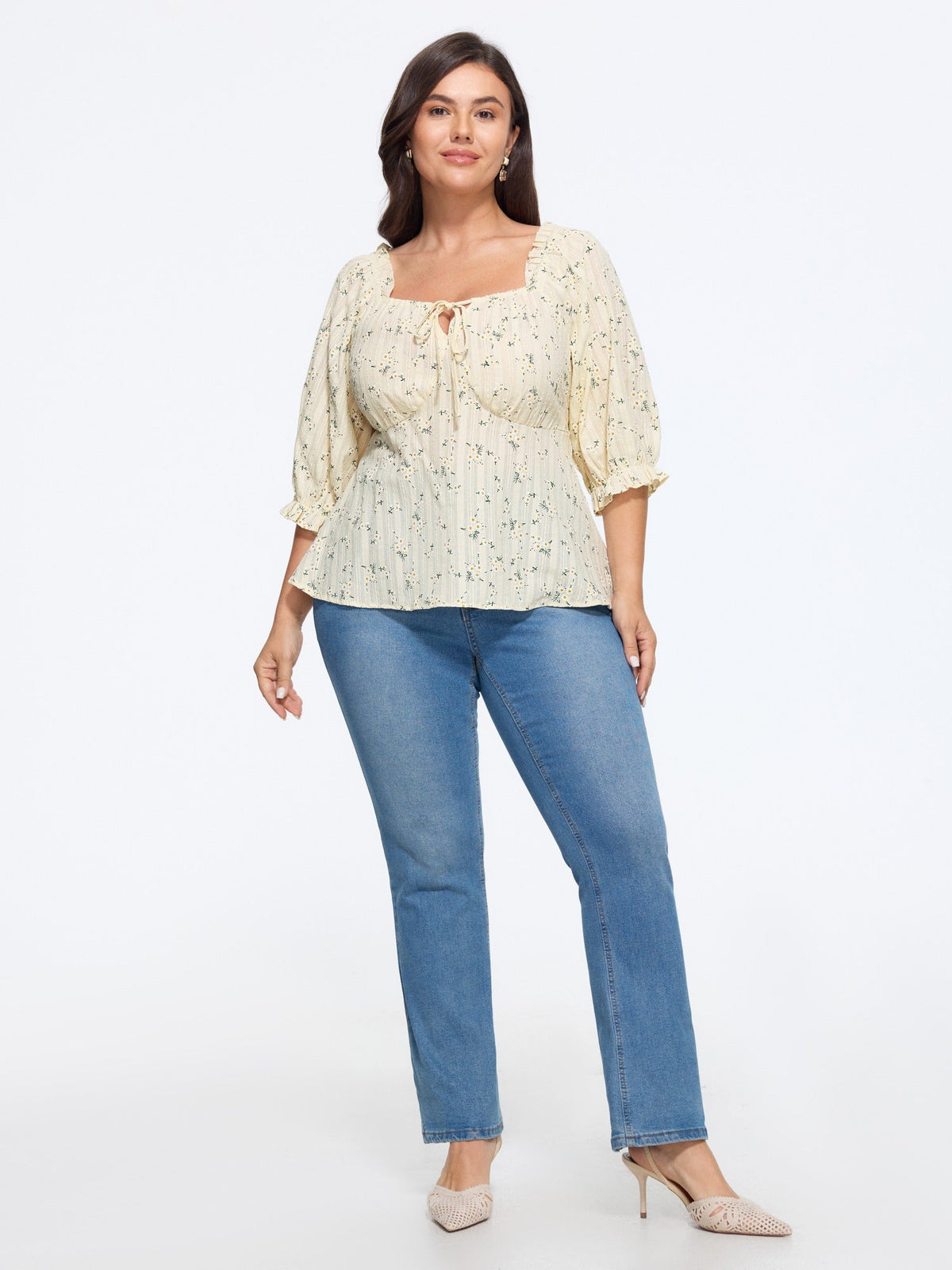 Cotton Ditsy Floral Print Square Neck Tie Front Blouse