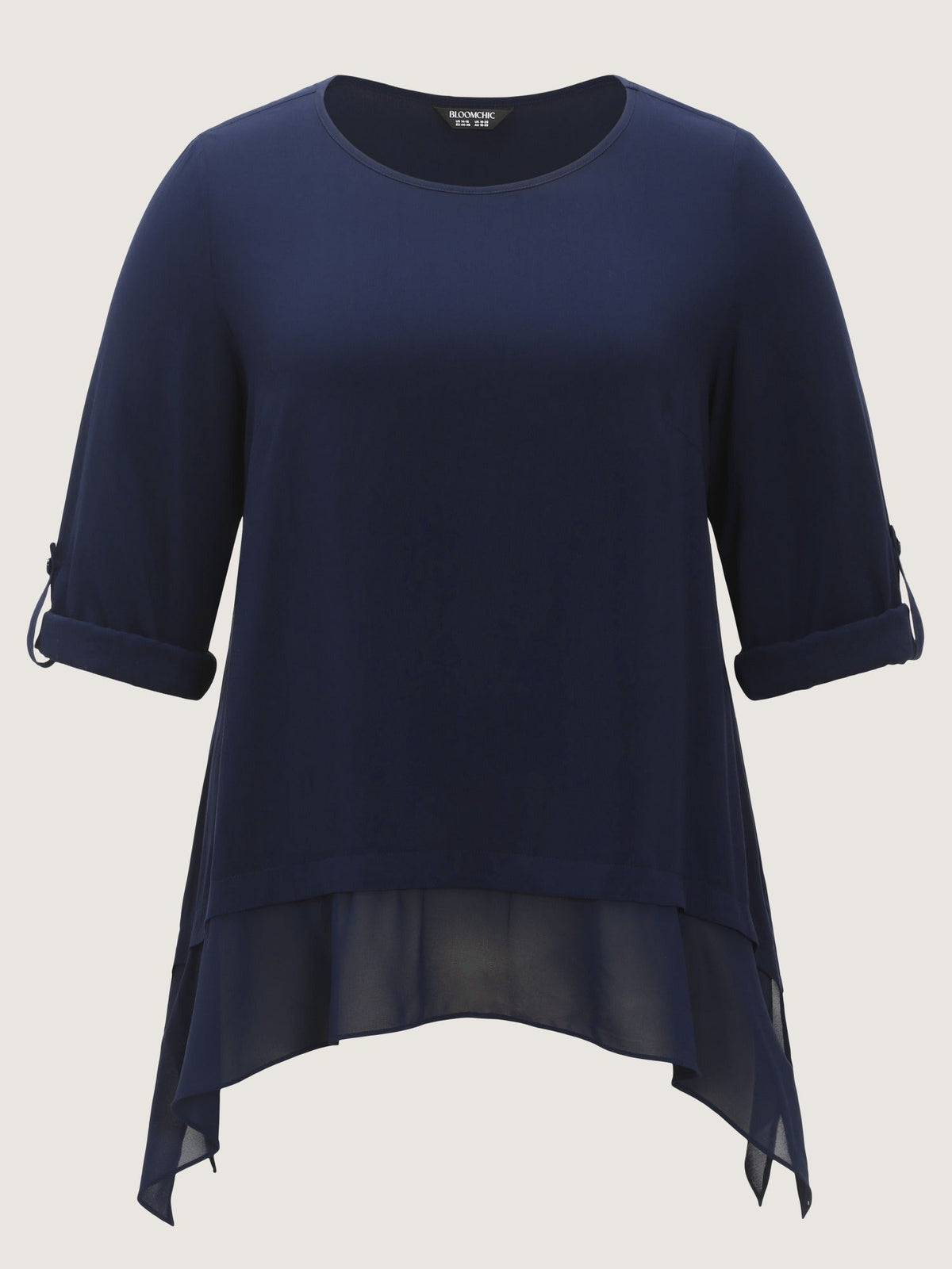 Roll‑Tab Sleeve Layered Asymmetrical Hem Blouse