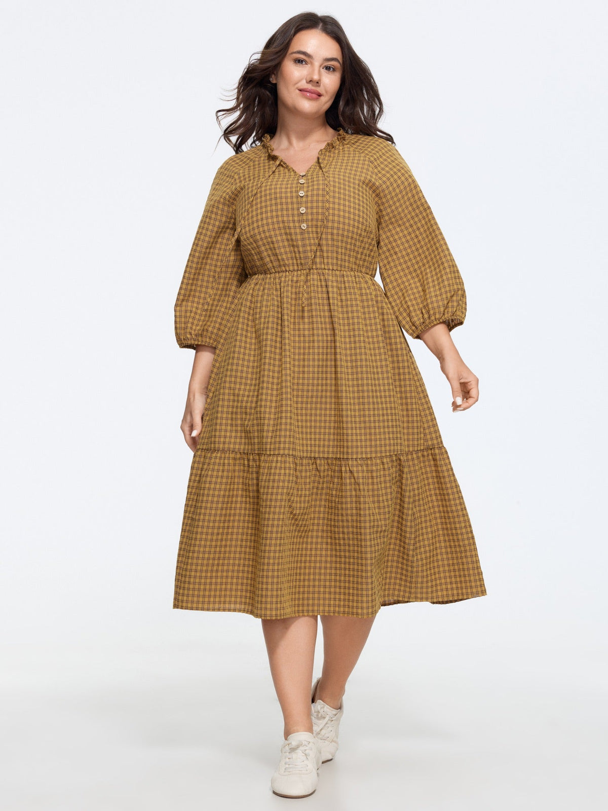 Textured Plaid Elastic Waist Tiered Midi Dress