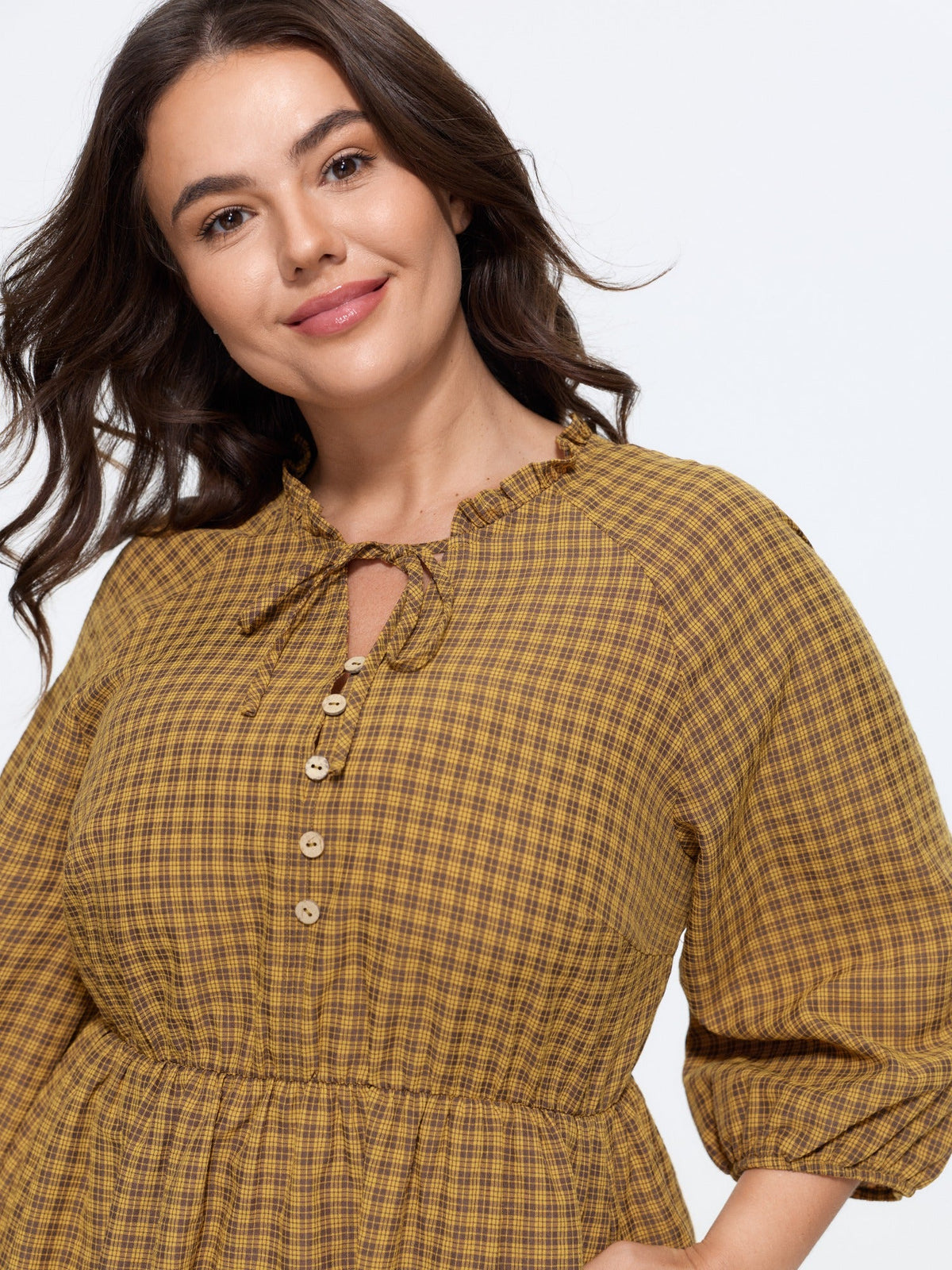 Textured Plaid Elastic Waist Tiered Midi Dress