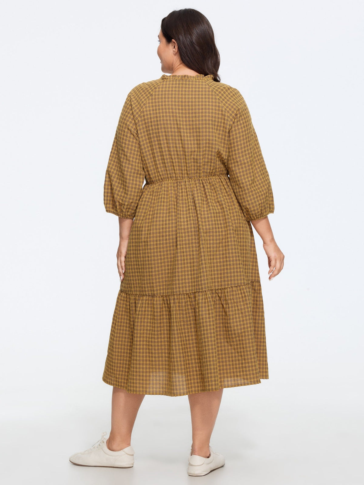 Textured Plaid Elastic Waist Tiered Midi Dress