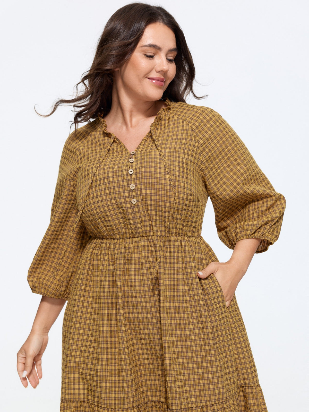 Textured Plaid Elastic Waist Tiered Midi Dress