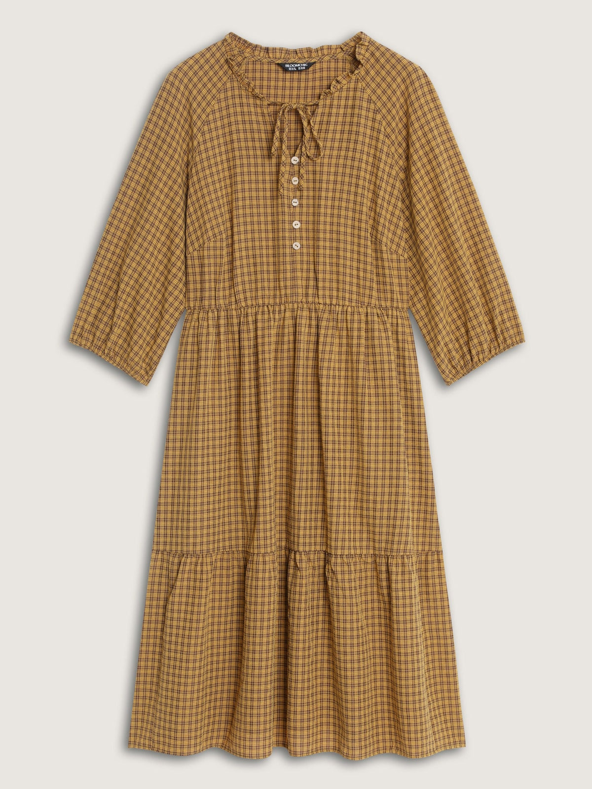 Textured Plaid Elastic Waist Tiered Midi Dress