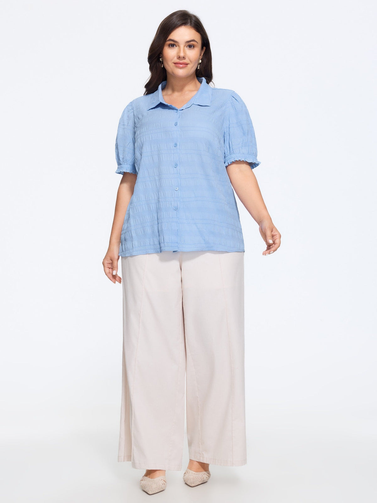 Textured Collared Button‑Front Blouse