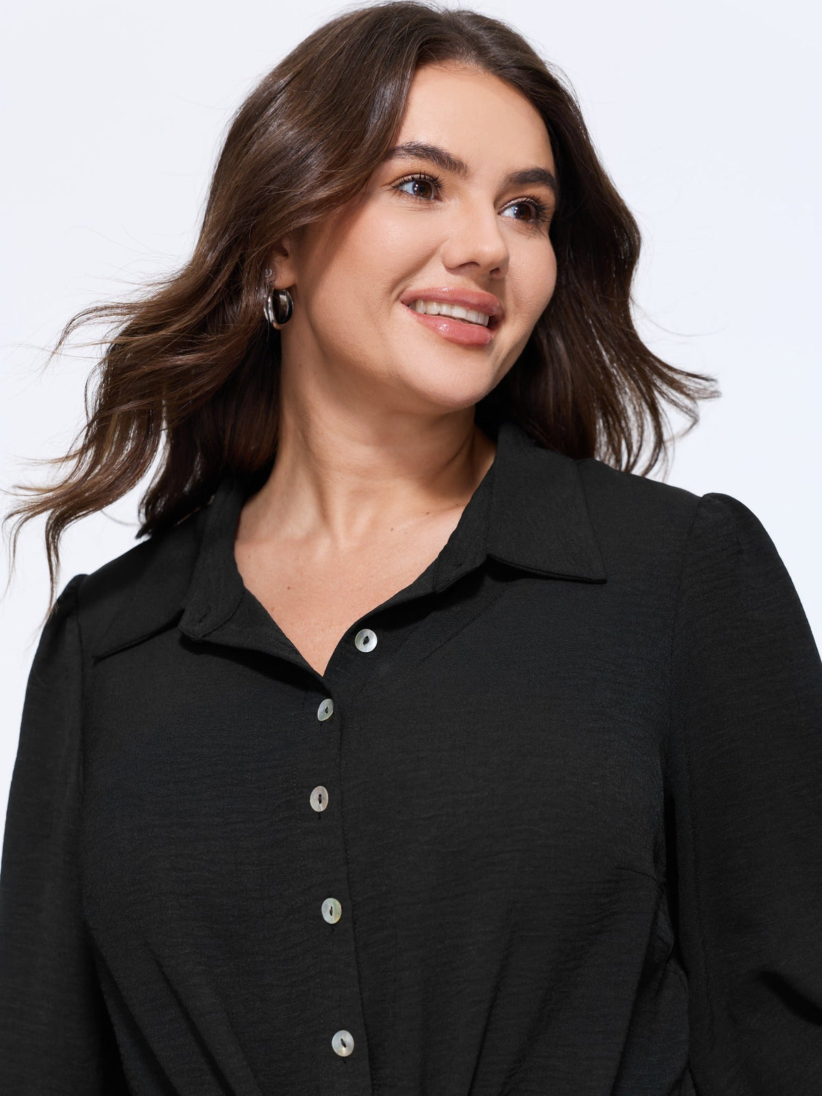Solid Collared Long Sleeve Tie Hem Blouse