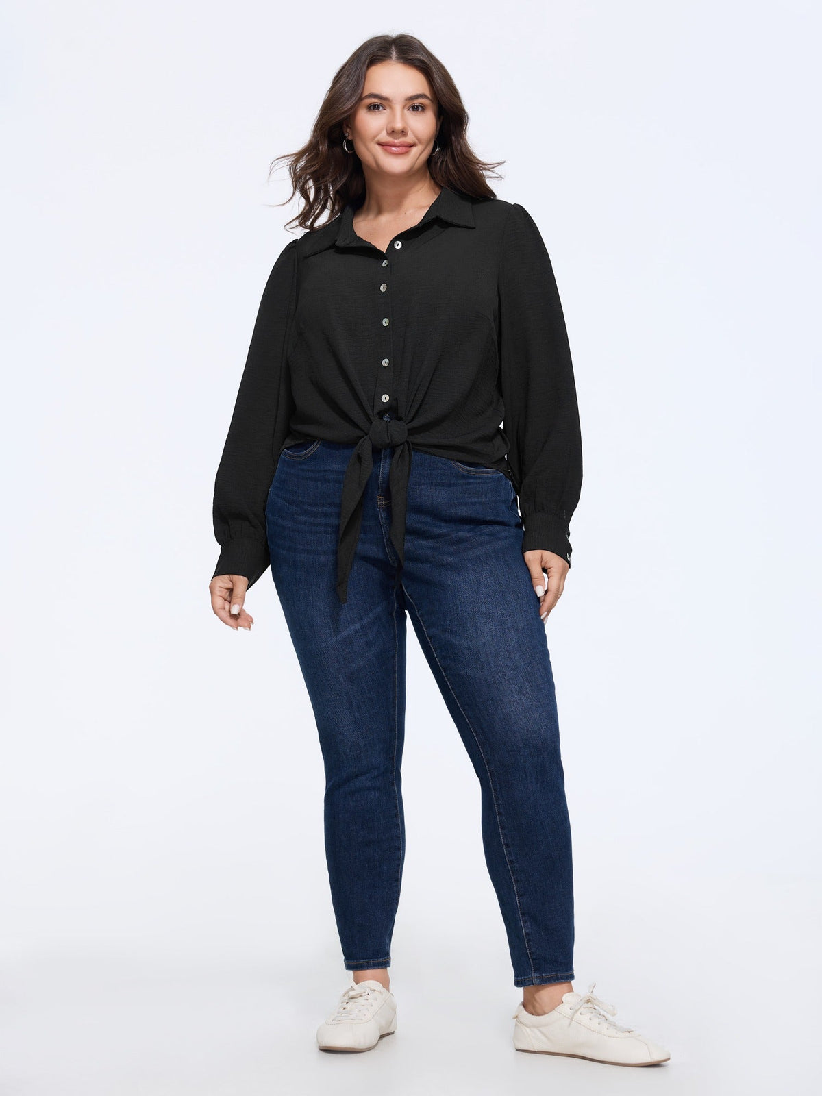 Solid Collared Long Sleeve Tie Hem Blouse