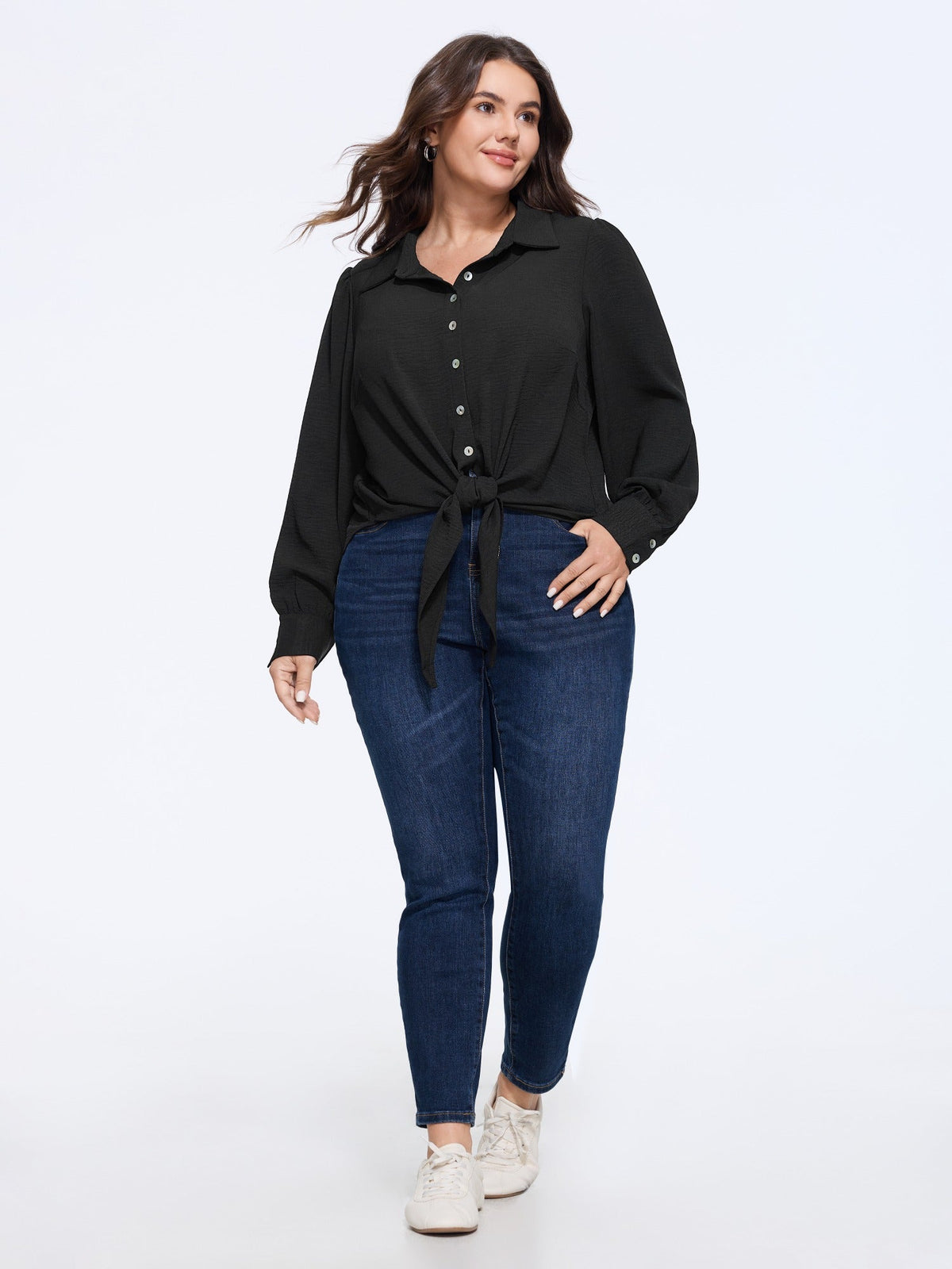 Solid Collared Long Sleeve Tie Hem Blouse