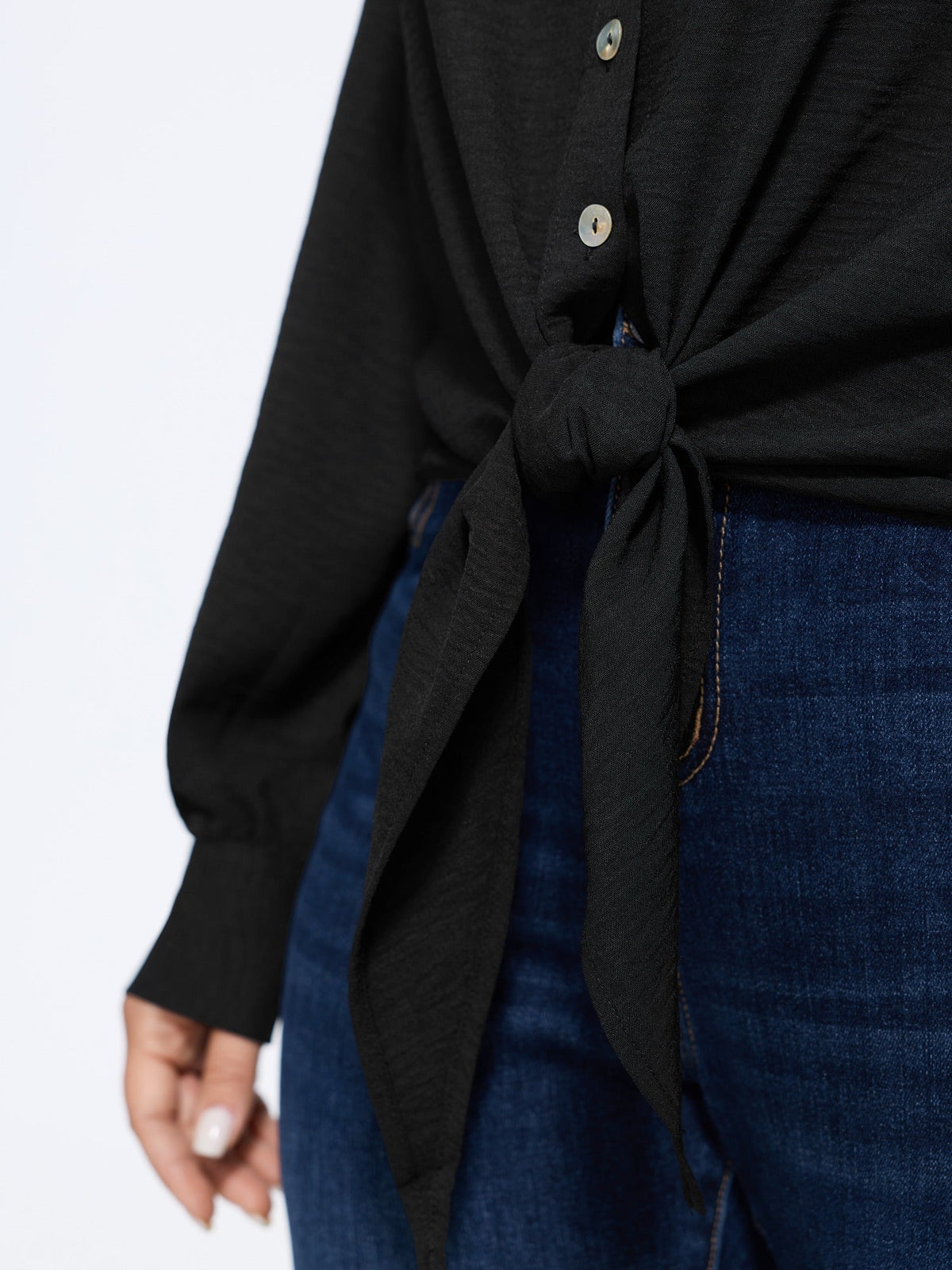 Solid Collared Long Sleeve Tie Hem Blouse