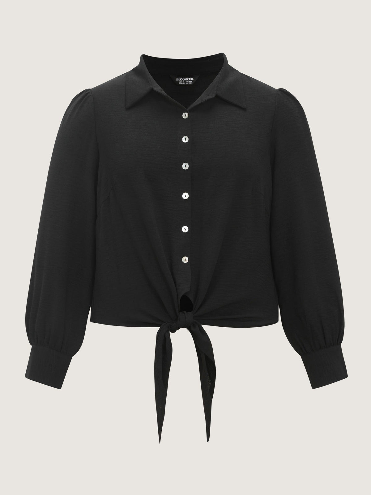 Solid Collared Long Sleeve Tie Hem Blouse