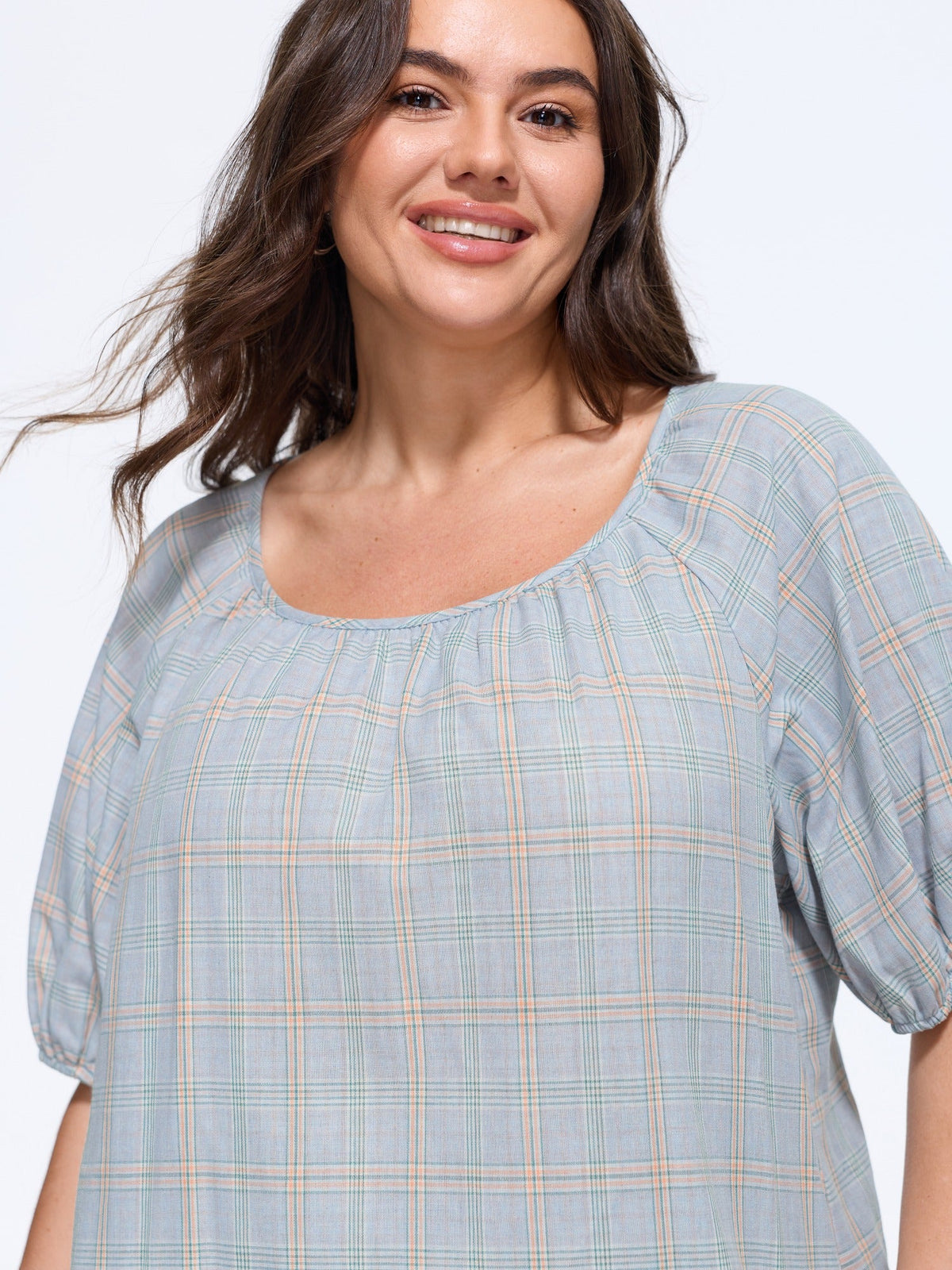 Cotton Plaid Print Gathered Puff Sleeve Loose Blouse
