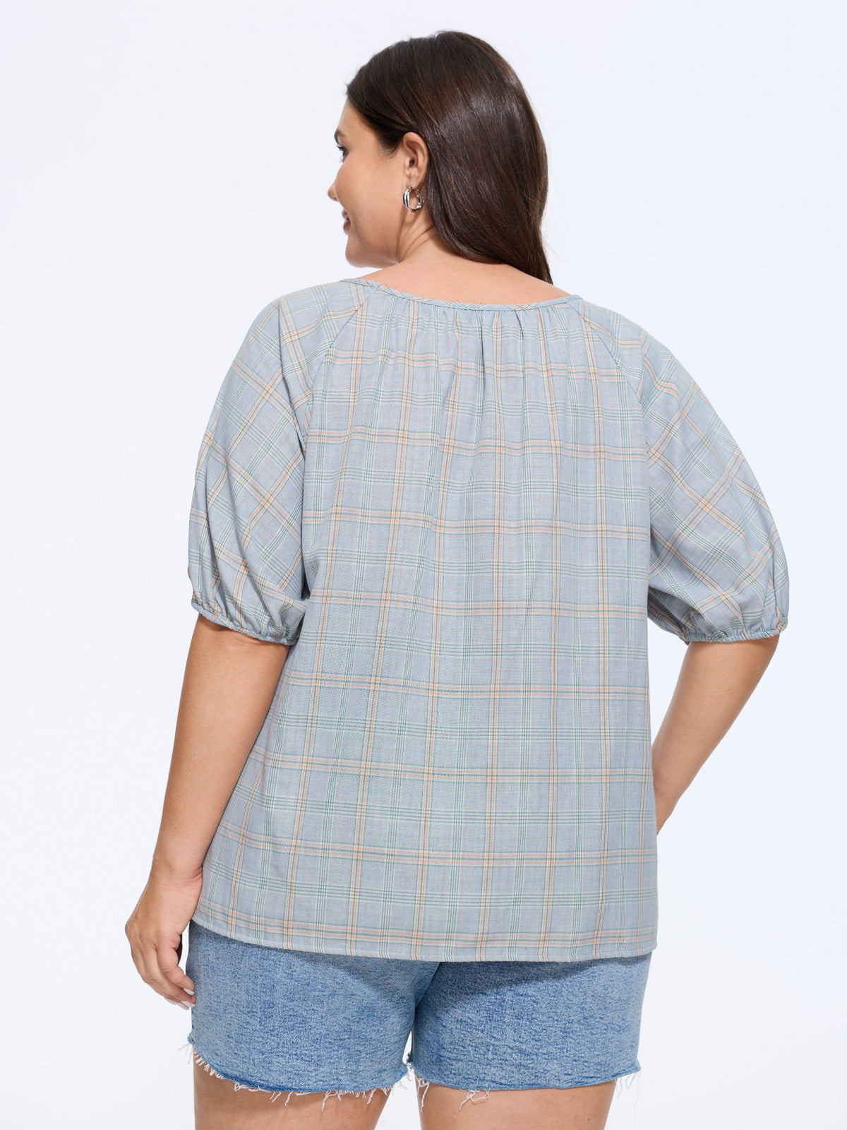 Cotton Plaid Print Gathered Puff Sleeve Loose Blouse