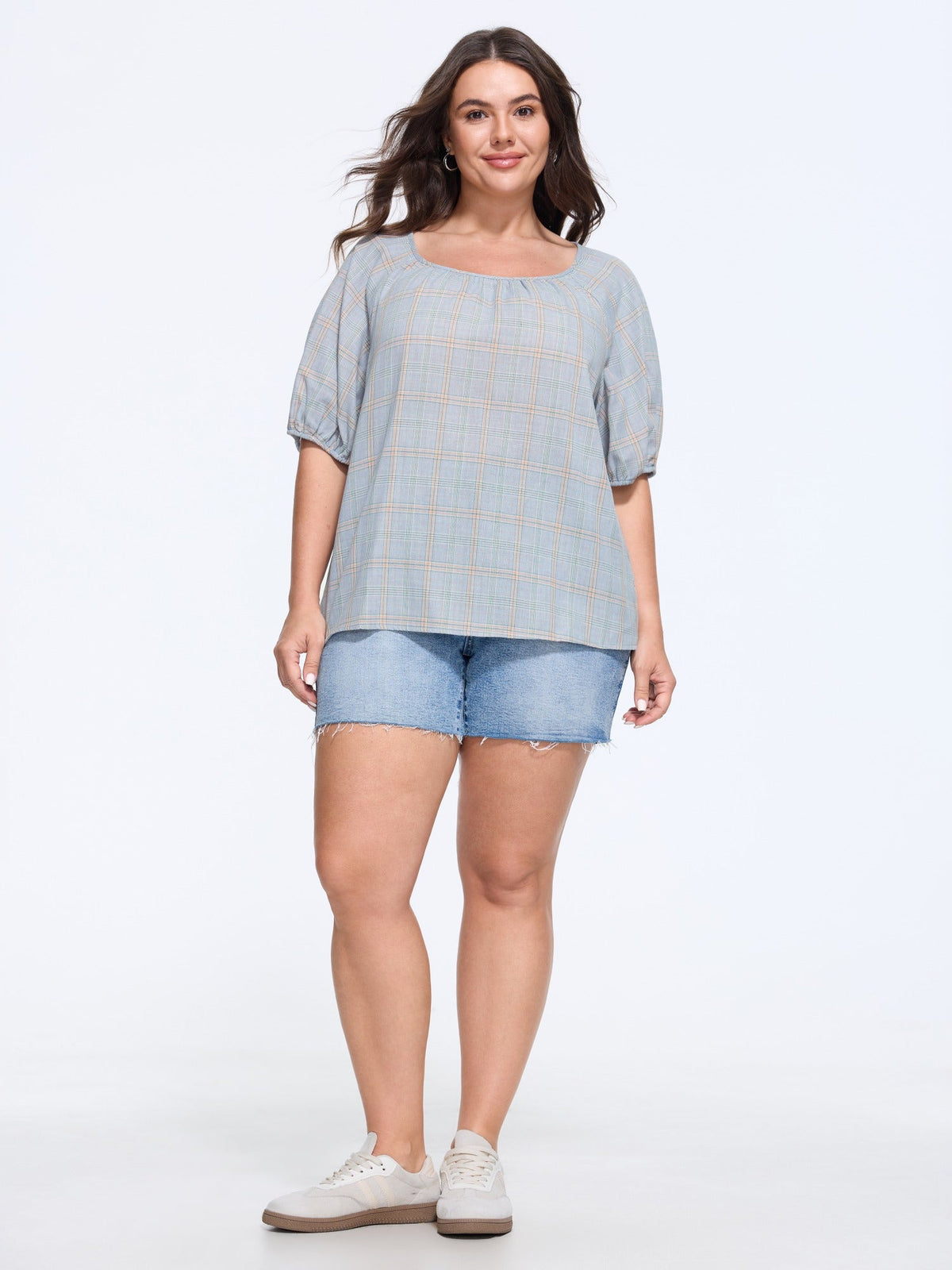 Cotton Plaid Print Gathered Puff Sleeve Loose Blouse