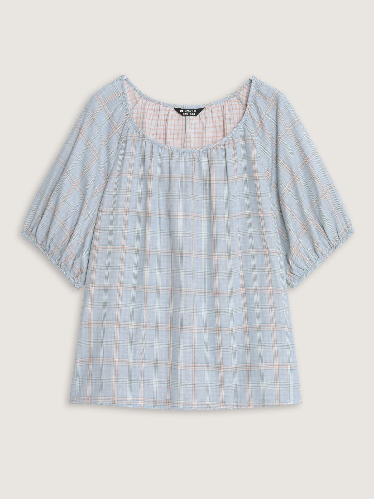 Cotton Plaid Print Gathered Puff Sleeve Loose Blouse