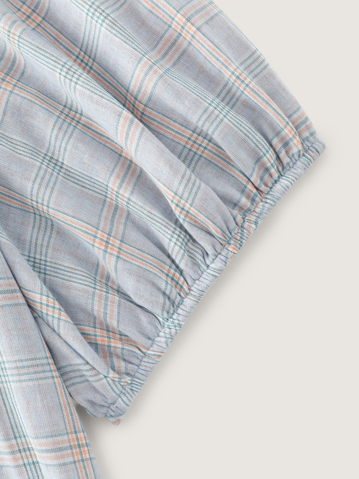 Cotton Plaid Print Gathered Puff Sleeve Loose Blouse