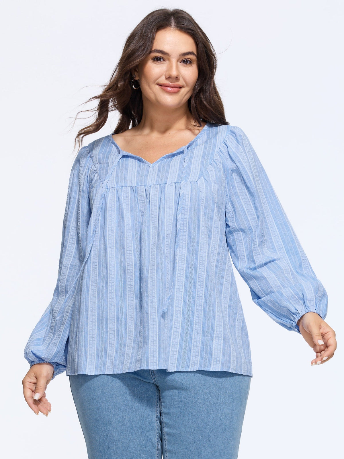 Supersoft Textured Stripe Tie Neck Blouse